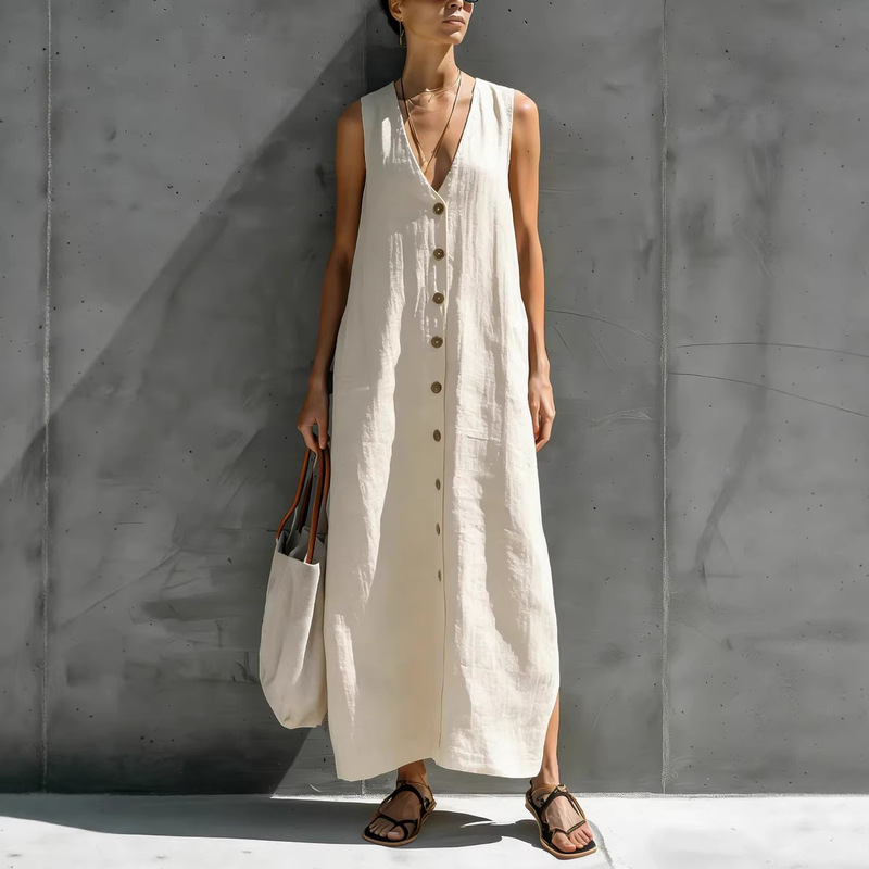 European and American Cross-Border Amazon Foreign Trade New Style Women's Simple Cotton and Linen V-Neck Buttoned Sleeveless Loose Long Dress European and American Cross-Border Amazon Foreign Trade New Style Women's Simple Cotton and Linen V-Neck Buttoned Sleeveless Loose Long Dress