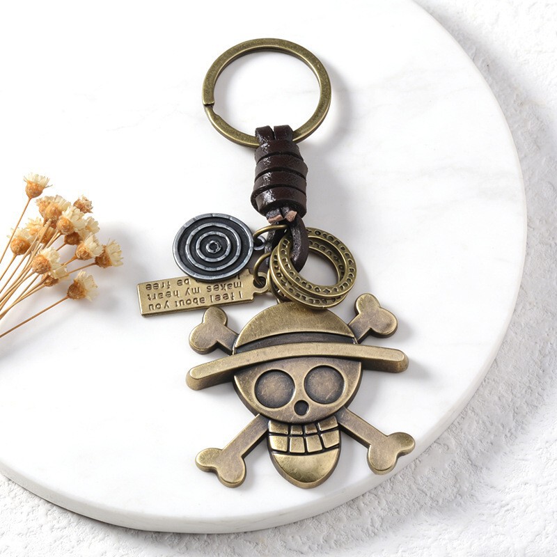 Jewelry Factory Direct Sales Retro Woven Alloy Skull Leather Keychain Punk Cowhide Keychain