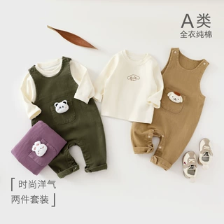 婴儿牛仔背带裤套装春秋季连体衣韩版秋衣上衣两件套男女宝宝分体