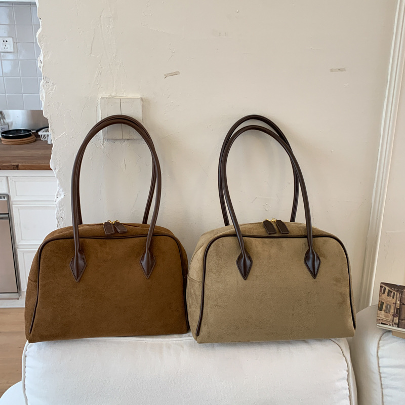 Autumn/Winter Retro Suede Boston Bowling Bag Large Capacity Handbag Shoulder Underarm Bag Baguette Bag For Women High-End Style