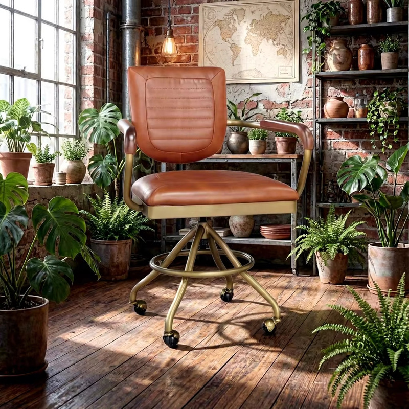 Medieval-style genuine leather office chair with vintage gold metal base, luxurious swivel office chair with wheels