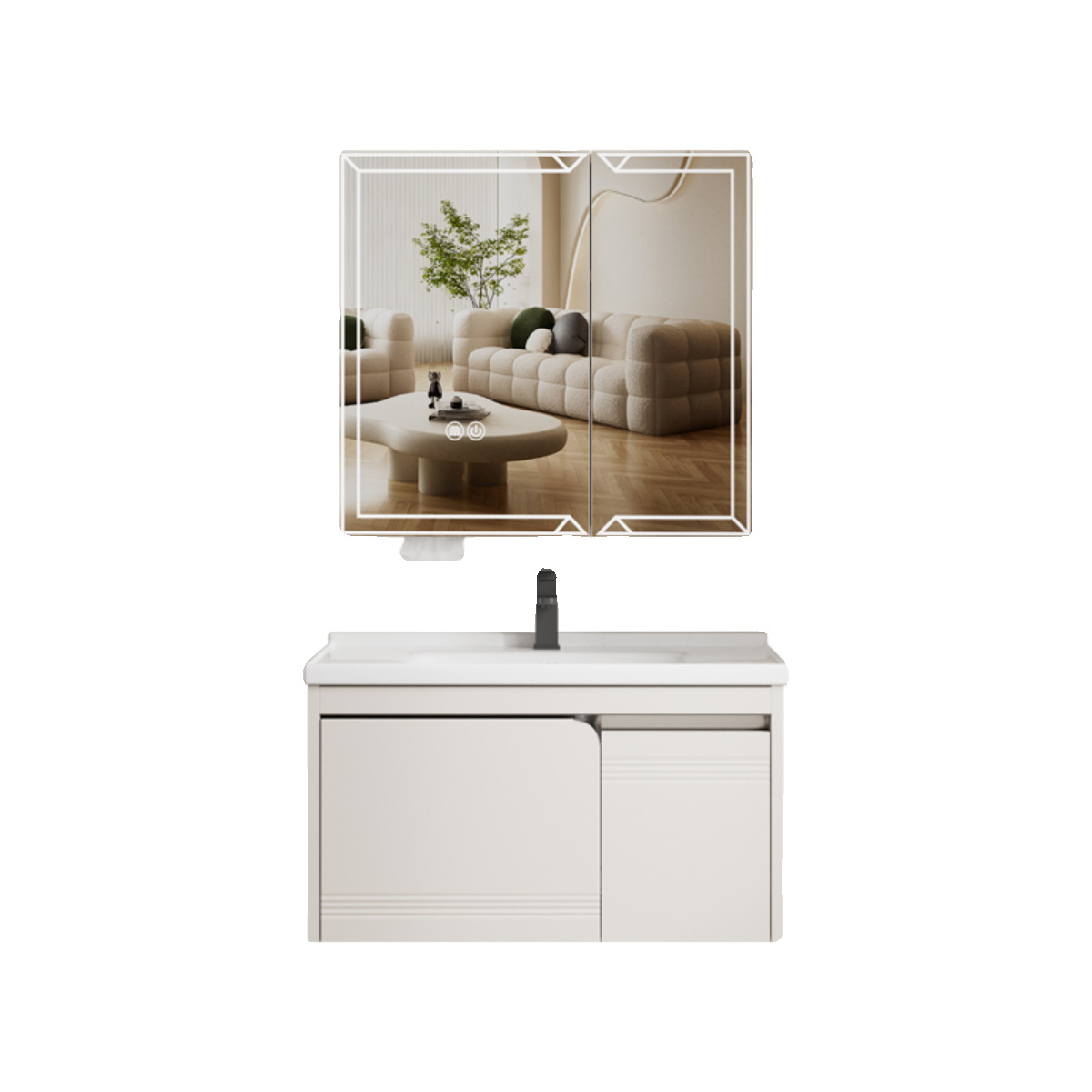 Nuevo gabinete de baño de acero inoxidable tipo pequeño gabinete de baño de aire crema moderno y simple lavabo cerámico combinado en uno