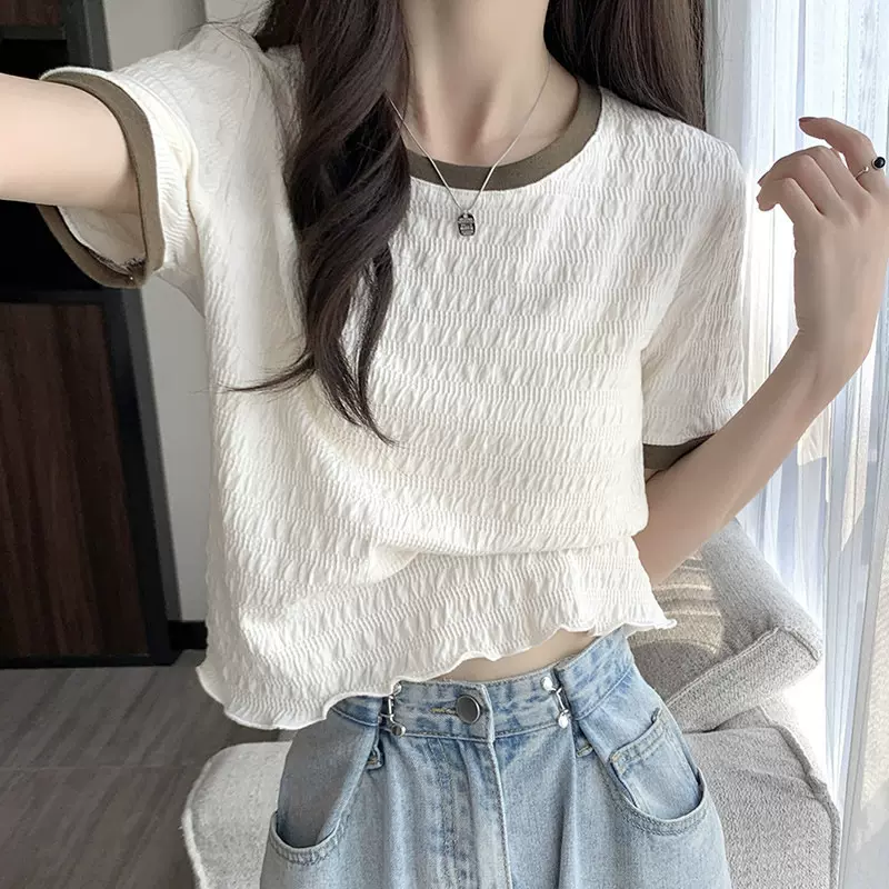 小个子正肩短袖T恤女2024早春夏装韩版修身显瘦ins潮牌短款上衣服
