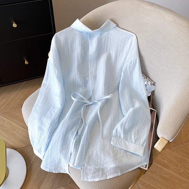 蓝色中长款上衣女夏冰丝防晒衣广东普宁衬衫薄纱开衫吊带外搭恤