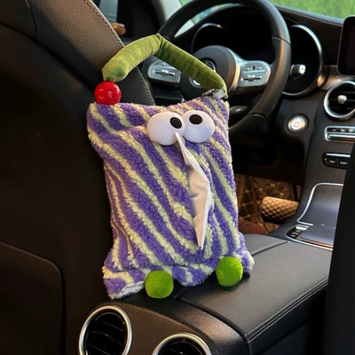 2024 New Cartoon Monster Car Tissue Box Girl's Heart Plush Box Household Tissue Bag Hanging Paper Box (Car tissue box/set) - purple-and-yellow-stripes