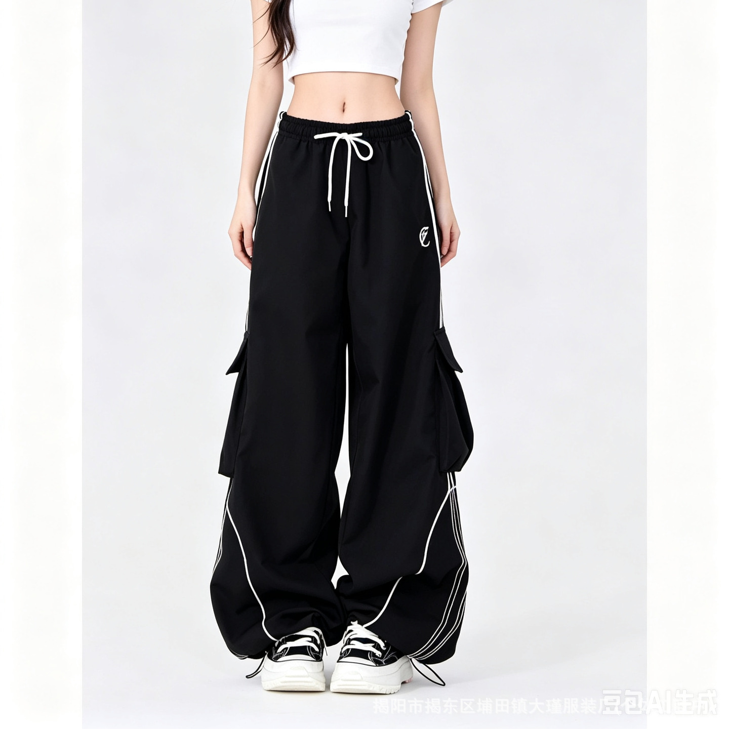 Hip-hop Black Drawstring Wide-leg Loose Casual Workwear Pocket Sports Pants Women's Spring Fashion Brand Hip-hop Pants