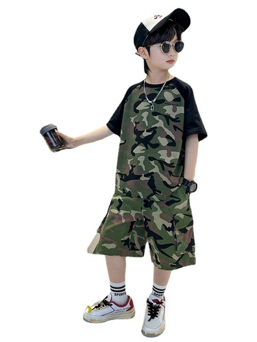 Boy's Summer Camouflage Outfit  New Children's Summer Short Sleeve Street Style Cool Trendy Medium/Large Youth Military Training Fashion