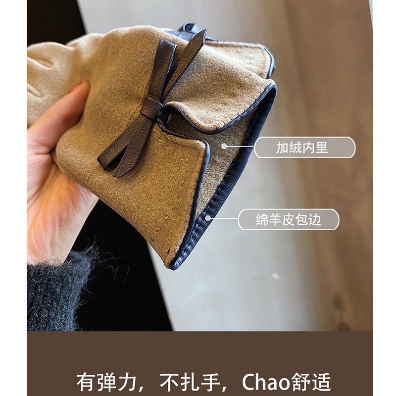 手套女冬季不倒绒手套冬蝴蝶结加绒触屏保暖抓绒骑行开车女士手套|undefined
