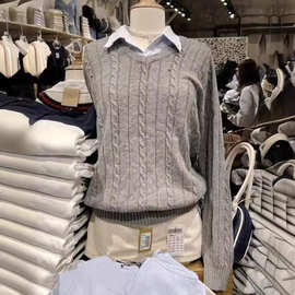 BM风美式复古V领麻花灰色针织衫bm风宽松套头毛衣外套女