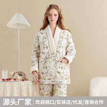 冬季三层夹棉睡衣女特厚保暖加厚加绒可外穿高级感国风家居服套装