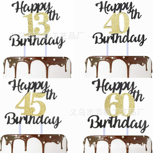 Cross-border Happy Birthday Cake Decoration Black English Golden Digital Cake Card Party Decoration
