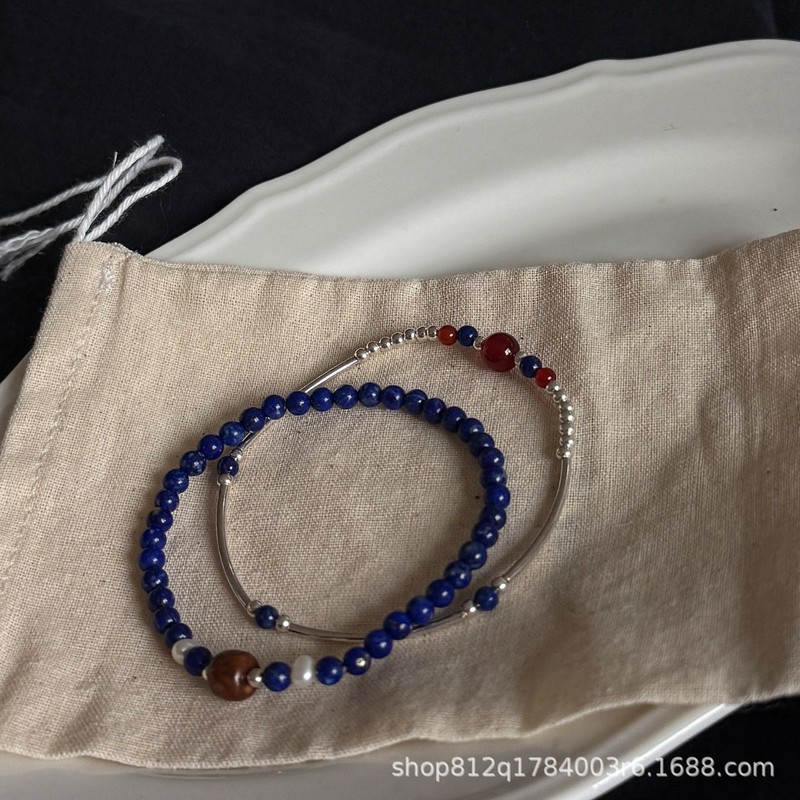 Original Natural Cook Lapis Lazuli S925 Sterling Silver Red Agate Pearl Elegant Bracelet Thin Double-Sided Stacking Bracelet for Women