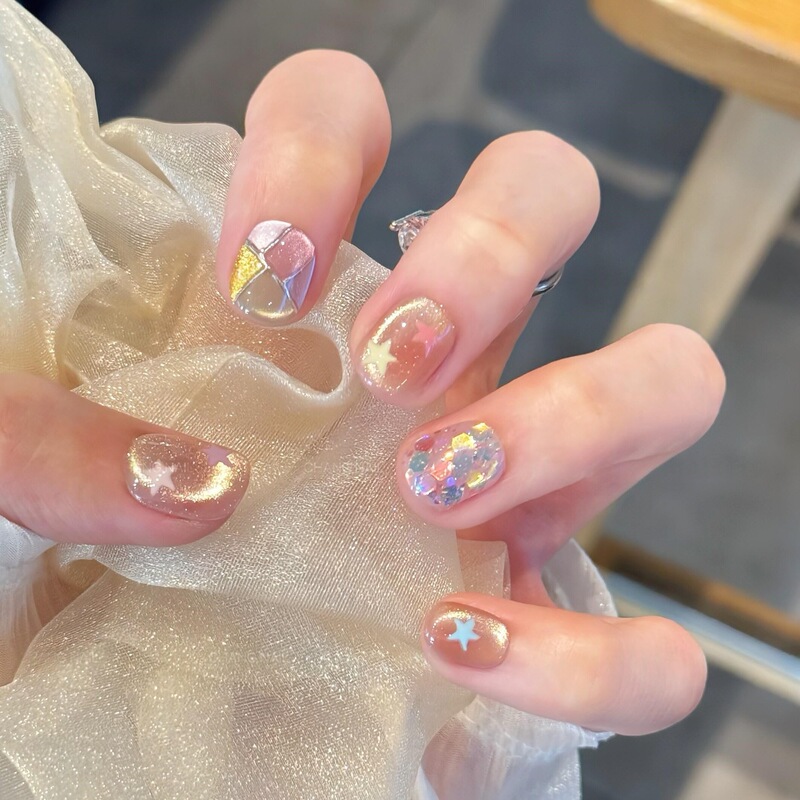 [Starlight Popping Candy] Short Handmade Wearable Nails Summer Cat Eye Dopamine Manicure Patches Fake Nails