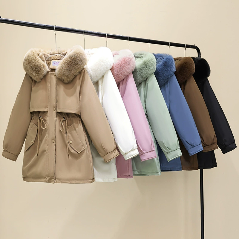 Fleece long warm down jacket, mid-length, slim fit
