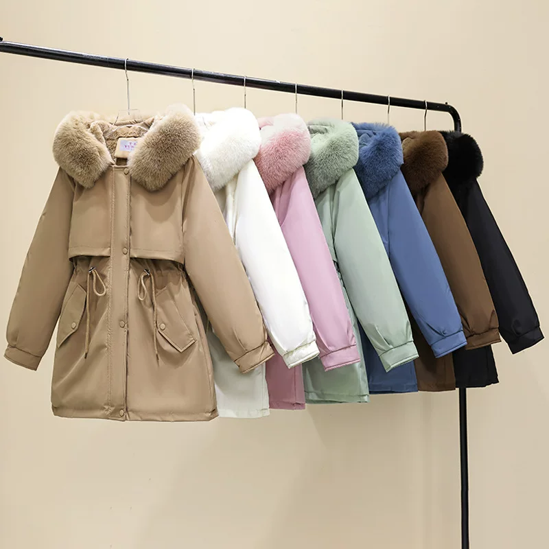 Fleece long warm down jacket, mid-length, slim fit