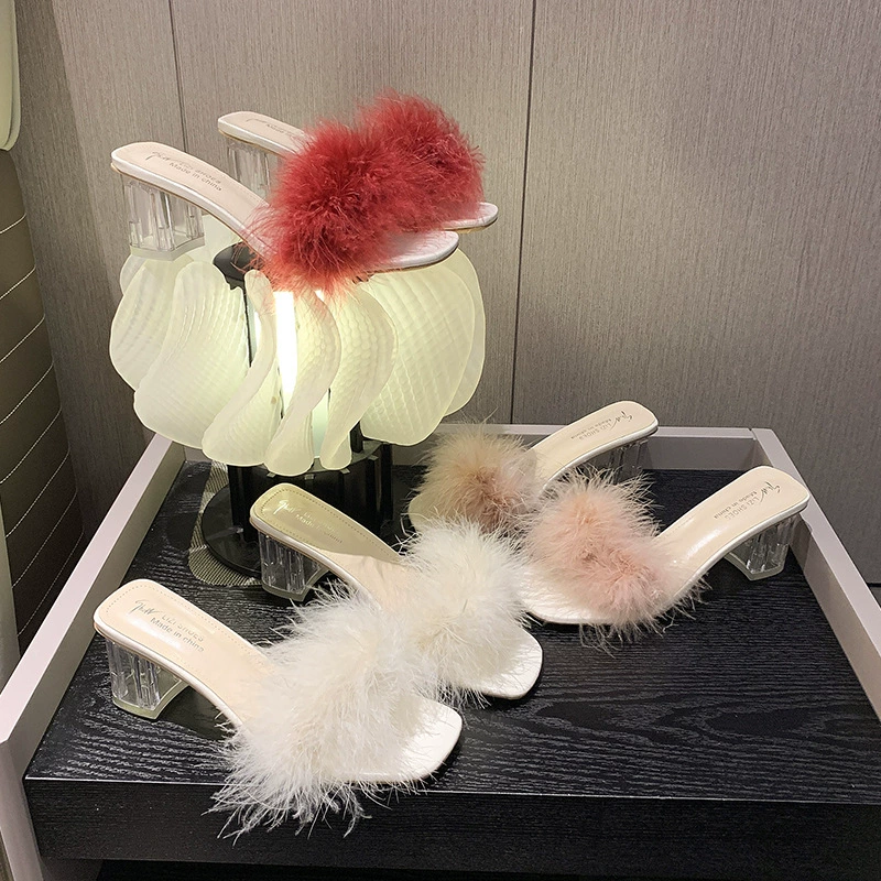 Сказочный ветер шерстяные тапочки женские летние носки 2024 новый сетчатый красный толстый каблучок хрустальные каблуковые холодные тапочки