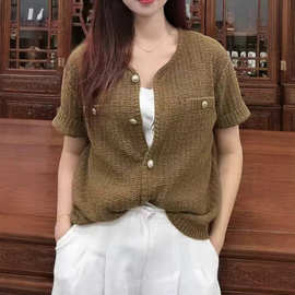 外贸原*跨境亚马逊出口女装毛衣 小香风圆领女式短袖针织衫开衫女