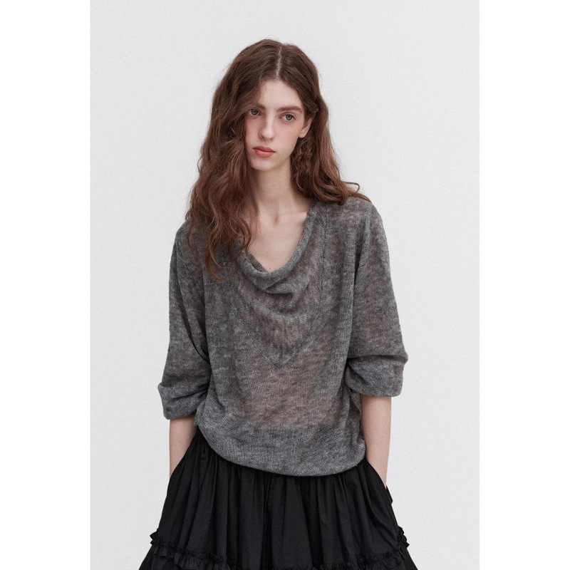 Jomi Morning Mist Island' Retro Tie-Dye Craftsmanship Drape Collar Fine Merino Wool Cloud-Like Large U-Shaped Collar Knit Sweater for Women