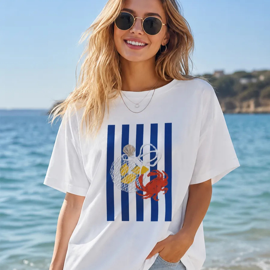 European and American Style Casual Versatile Striped Fresh Painting Crab Print 100% Pure Cotton Short-Sleeve T-Shirt