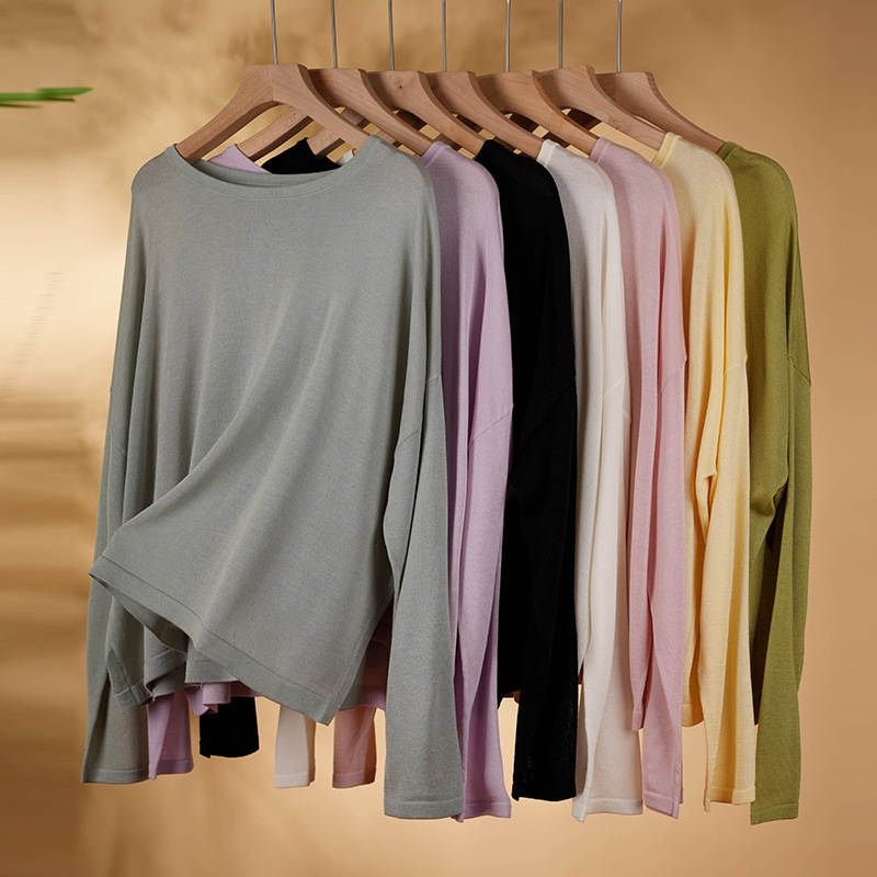 Japanese Triacetate Lightweight Off-Shoulder Knit Air Conditioning Shirt, Loose and Simple Versatile Long-Sleeve Base Layer for Inner or Outer Wear