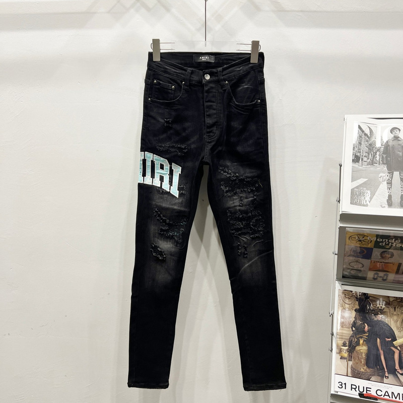 Cross-Border Exclusive Amiri High-Stretch Jeans Classic Multi-Element Embroidery Patch Ripped Washed Vintage Skinny Pants