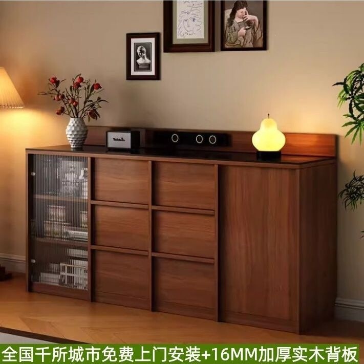 Solid wood sideboard with skeletal design, wall-mounted, for home use in the living room, integrated tea bar storage cabinet, vintage-style coffee cabinet, storage cabinet