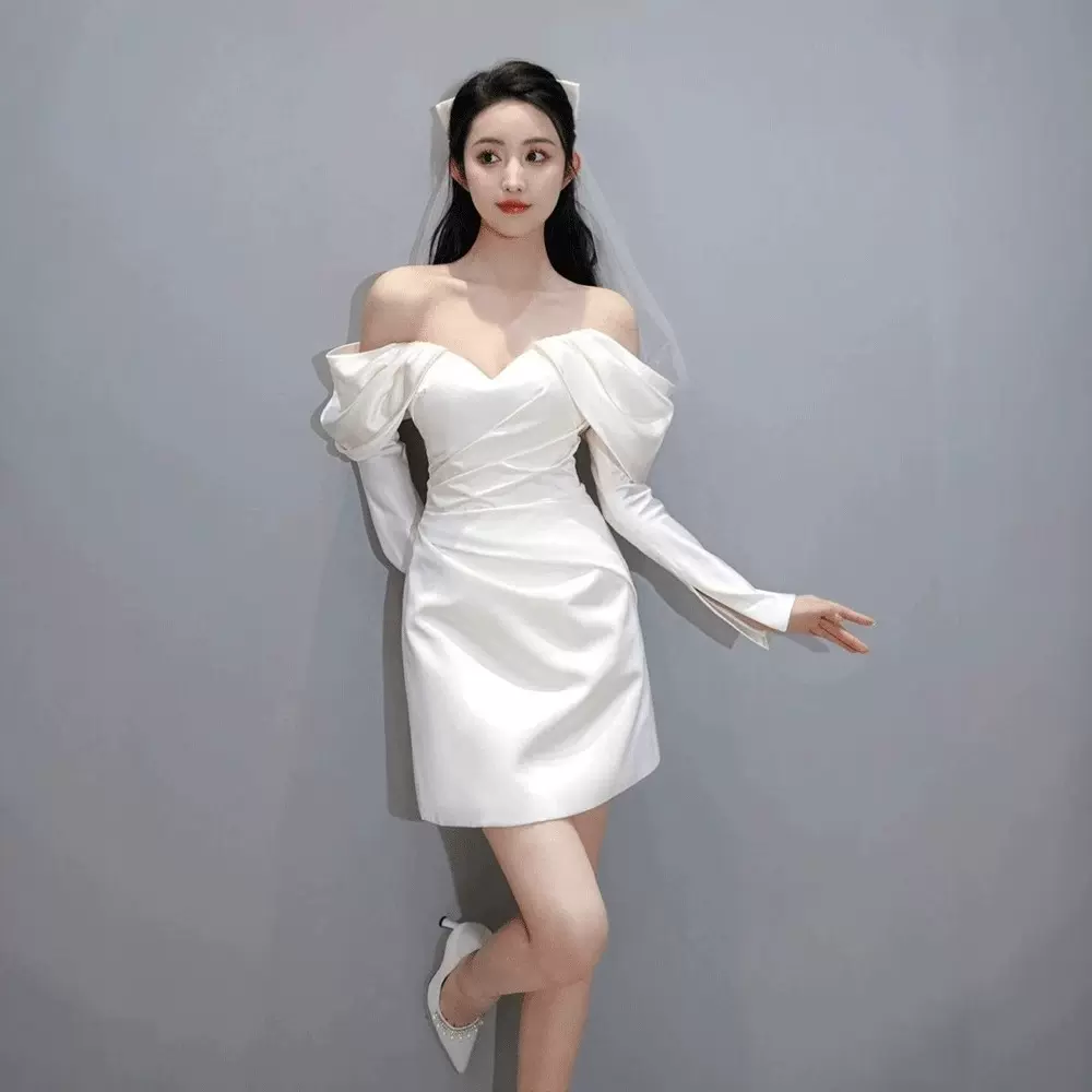 法式一字肩轻婚纱礼服新娘订婚短款长袖敬酒服气质优雅高级感白裙