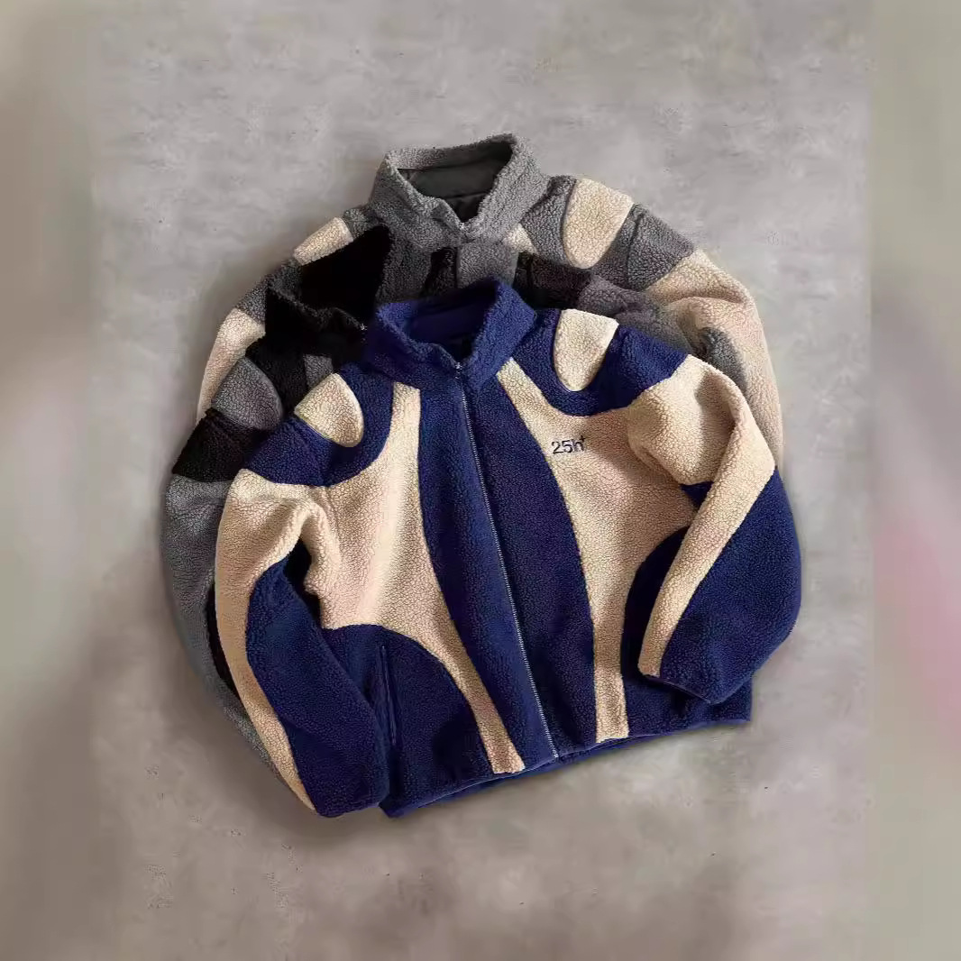 Men's Clothing Contrast Color Lapel Men's And Women's Polar Fleece Zipper Letter Embroidery Warm_voghion.com