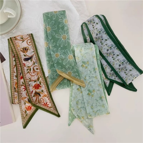 French retro floral silk scarf spring atmosphere hair tie butterfly knot long ribbon versatile temperament decoration neckerchief