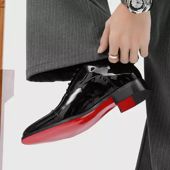 Men's Formal Chunky Sole Black Glossy Commuter Casual Business British Style Red Bottom Derby Shoes Lace-Up Leather Shoes for Wedding Groom