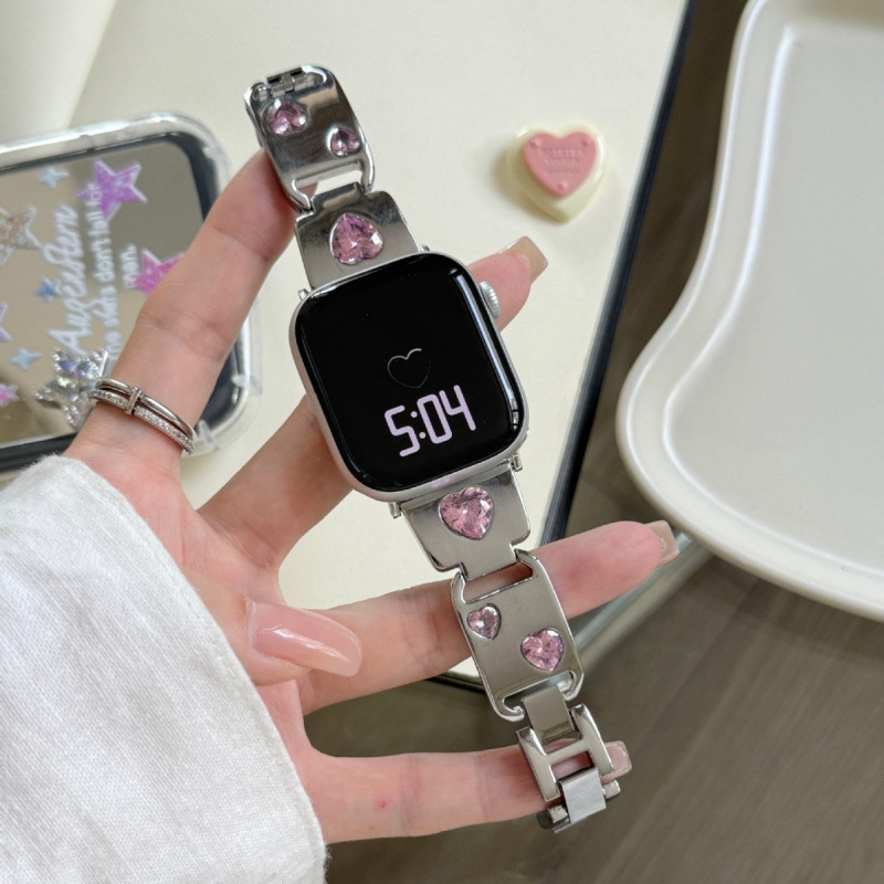 Cross-Border New Model Suitable for Apple Watch iWatch 10Th Generation Heart Pink Diamond Metal Accessible Luxury S987 Women's Watch Strap 22mm