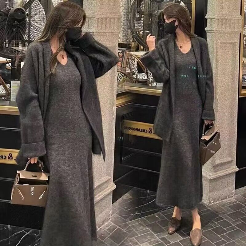 2025新款早秋小个子针织内搭连衣裙子女秋冬季高级感穿搭套装长裙|undefined