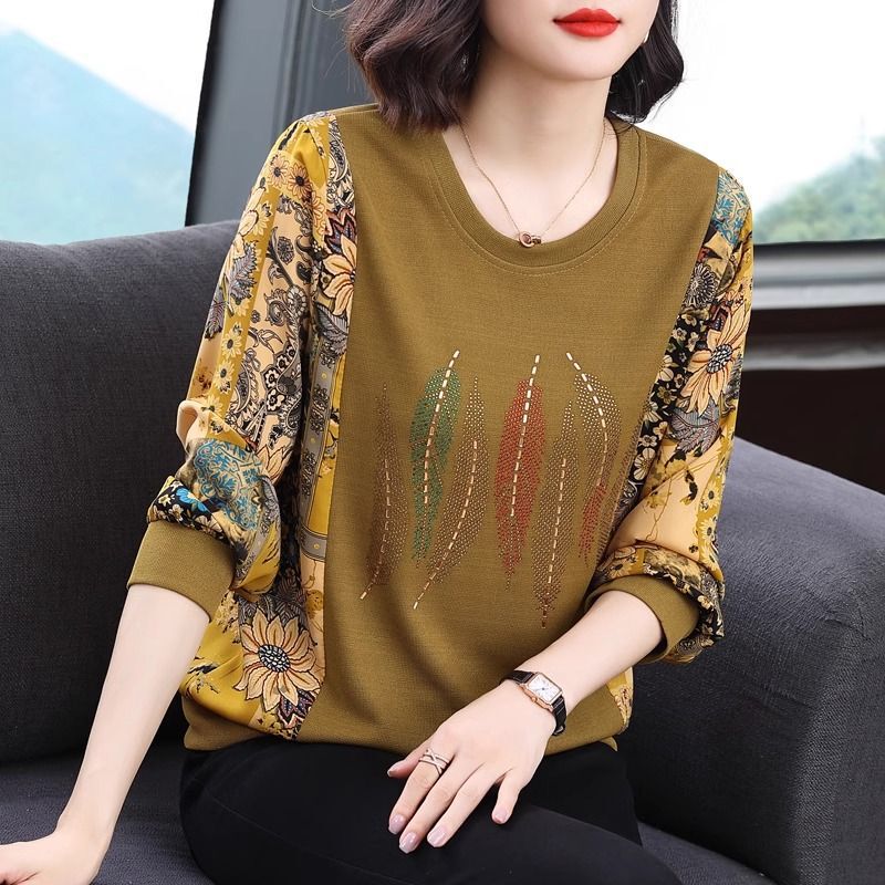 Fashionable Printed Long-Sleeve T-Shirt for Middle-Aged and Elderly Women, Spring Loose Round-Neck Rhinestone Embellished Base Shirt Top