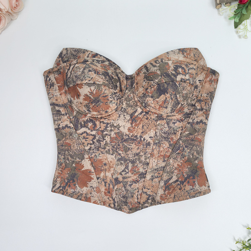 Oil Painting Retro Printed Suspender Bra, Outer Wear, Waistband, Beautiful Back, Sexy Tube Top, Slim Off-Shoulder Fishbone Bra