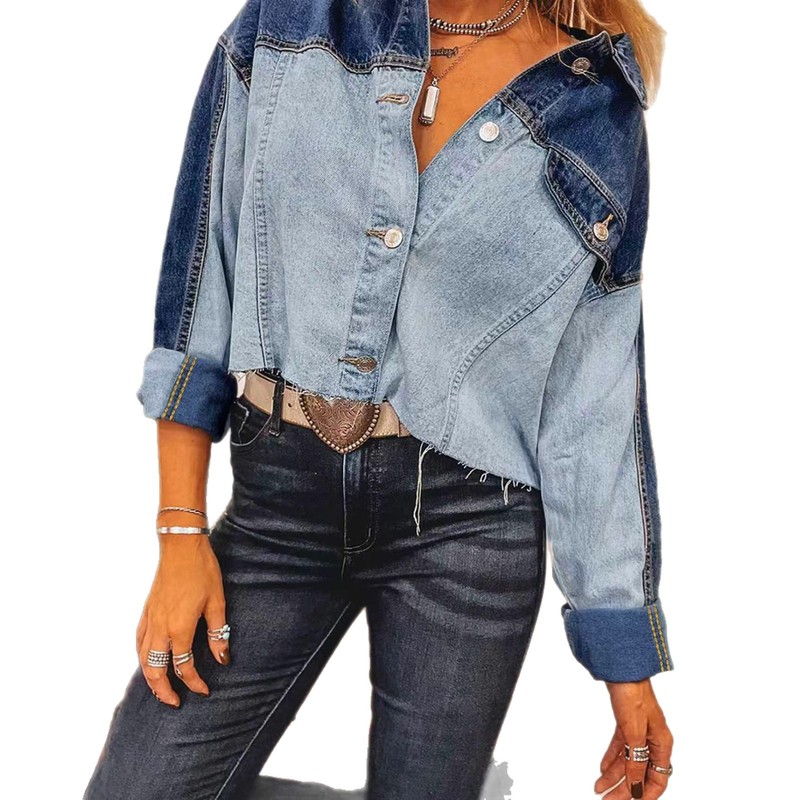 2025拼接色跨境女翻盖短款漏脐牛仔外套夹克纽散边下摆长袖JEANS|undefined