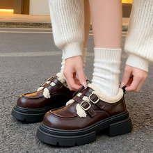 英伦风加绒小皮鞋女2025年冬季新款棕色复古乐福鞋软皮百搭女鞋子