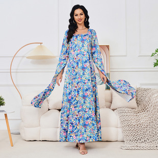 Middle Eastern Spot Blue Flower Print Flutter Sleeve Belt Robe Light and Elegant Exotic Style Muslim Dress for Women