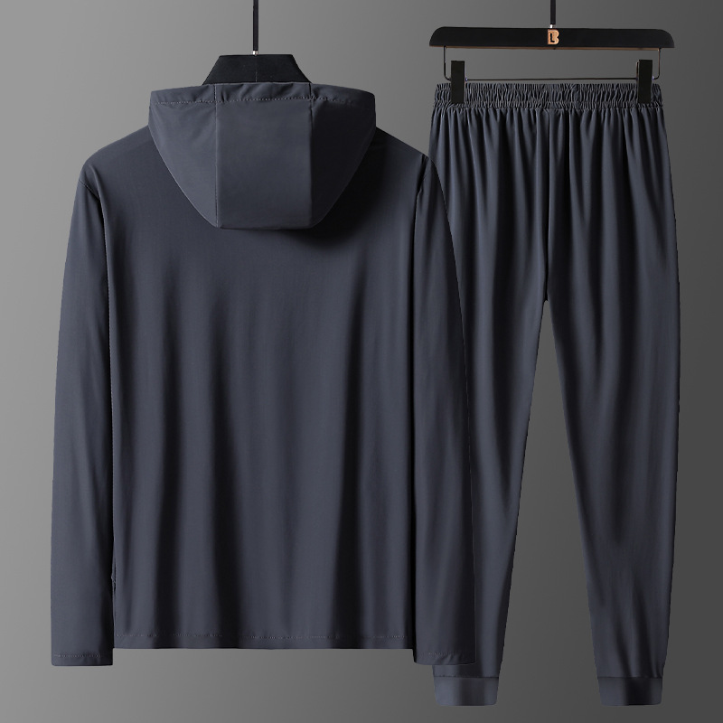 Completo sportivo ad asciugatura rapida da uomo – T-shirt con cappuccio in seta ghiacciata e pantaloni jogger (M-5XL) – Leggero e traspirante – Abbigliamento da palestra e casual_voghion.com