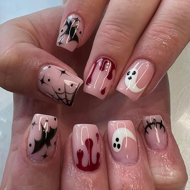 Autumn Halloween Press-On Nails Red Blood Stains Black Spider Web Bat Ghost Cross-Border Short Square Fake Nails Autumn Halloween Press-On Nails Red Blood Stains Black Spider Web Bat Ghost Cross-Border Short Square Fake Nails