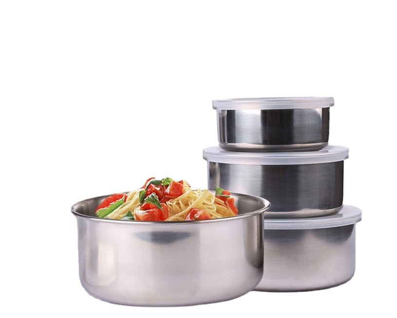 Crisper transfronterizo de acero inoxidable de 5 piezas redondo sellado tazón con tapa de almacenamiento sellado frasco de alimentos de mantenimiento fresco Bowl Set