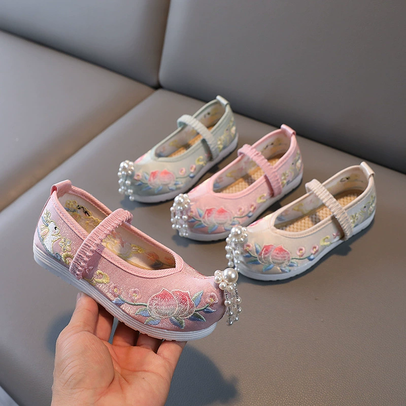 Обувь с вышивкой Hanfu, старая Пекинская Тканевая обувь для девочек, обувь с вышивкой в этническом стиле, обувь с древним костюмом, резиновая подошва, детская танцевальная обувь, детская обувь