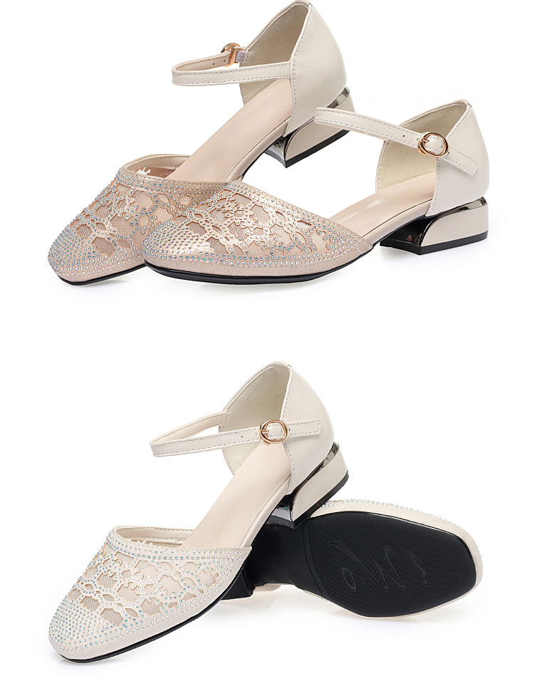 Sandal bít mũi nữ da thật lưới thoáng gót thấp — Màu be chi tiết 16