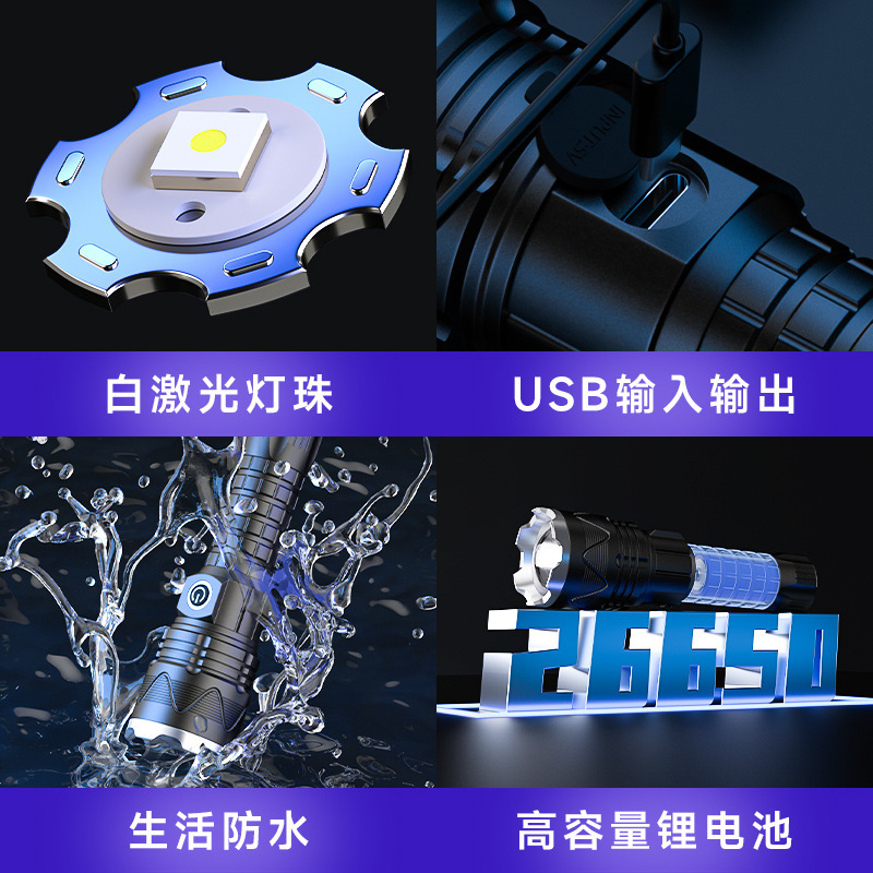 Linterna de luz fuerte telescópica P90 Linterna P70 Zoom de luz fuerte Luz lateral COB Luz de luz exterior multifuncional de largo alcance