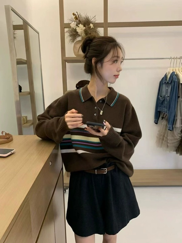 韩系polo领条纹长袖针织衫上衣女秋季新款宽松软糯慵懒风百搭毛衣|undefined