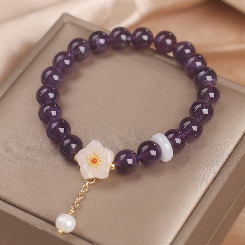 Estilo nacional dientes púrpura naturales pulsera de cristal negro pulsera de mujer pulsera de flores de jade blanco moda pulsera para regalar joyas de mano