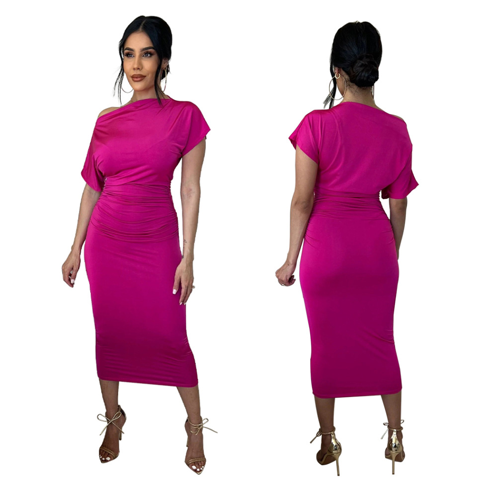 Women Clothing Popular Solid Color Pleated Slim-Fit Oblique Shoulder Dress 25 Women Clothing Popular Solid Color Pleated Slim-Fit Oblique Shoulder Dress