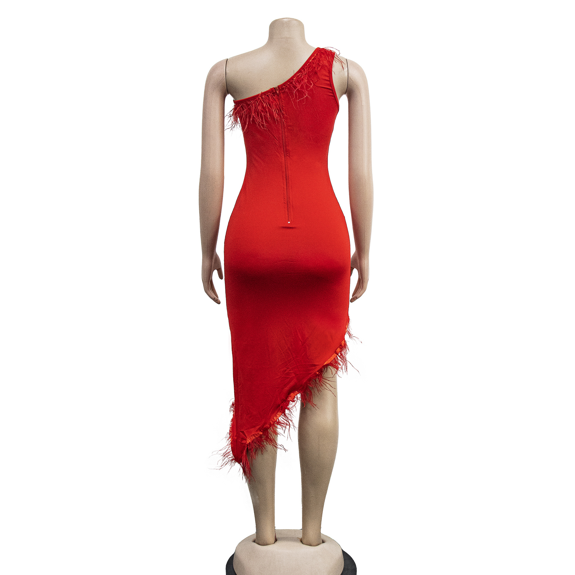 Einfarbiges, ärmelloses Wickelrockkleid mit V-Ausschnitt für Damen und Neujahrsabendkleid mit unregelmäßigen Federn_voghion.com