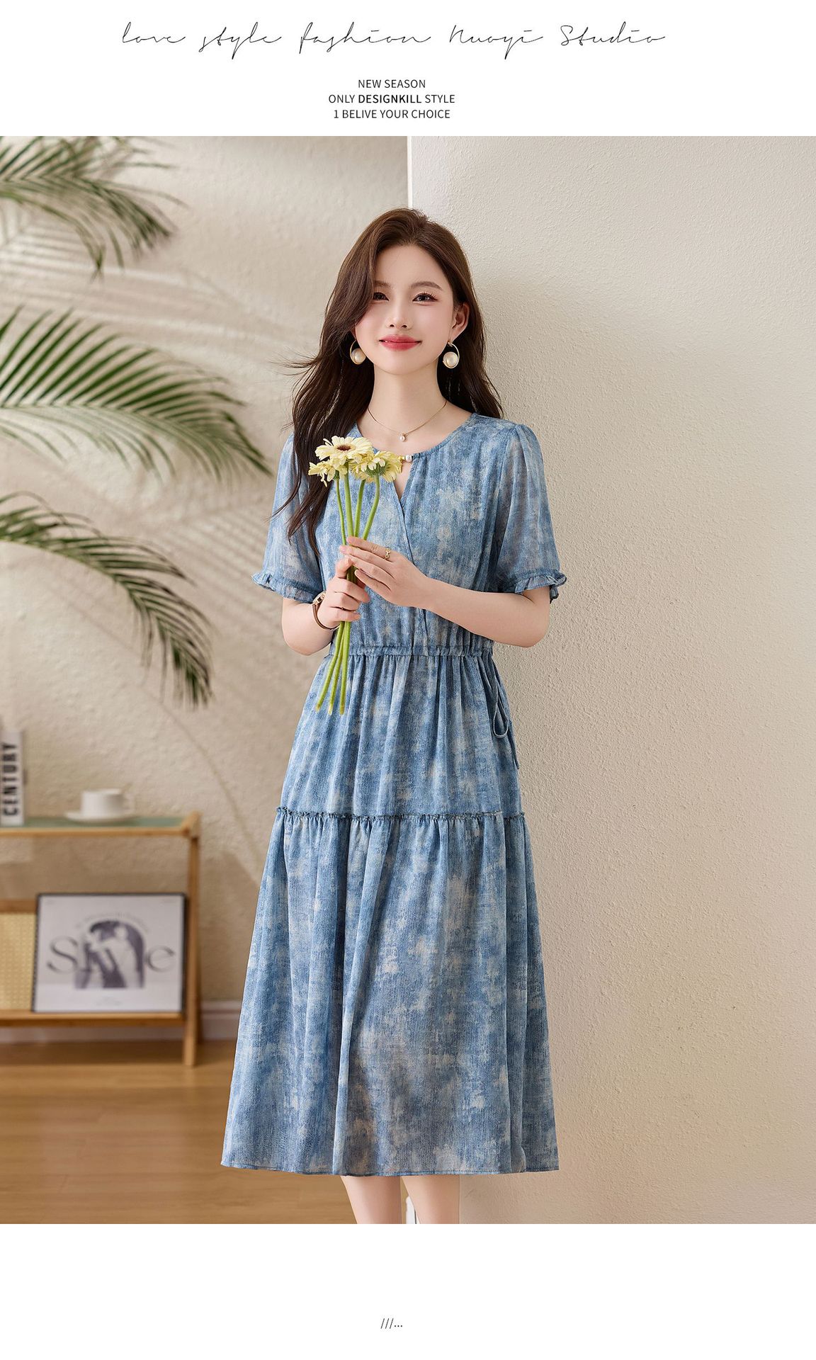 Đầm maxi nữ thắt eo cổ V tay ngắn họa tiết hoa dáng dài GT8207 — xanh lam, Màu hồng chi tiết 14