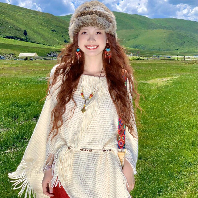 Xinjiang Yunnan Northwest Travel Bohemian Style Retro Red Suspender Dress White Knitted Shawl for Women Xinjiang Yunnan Northwest Travel Bohemian Style Retro Red Suspender Dress White Knitted Shawl for Women