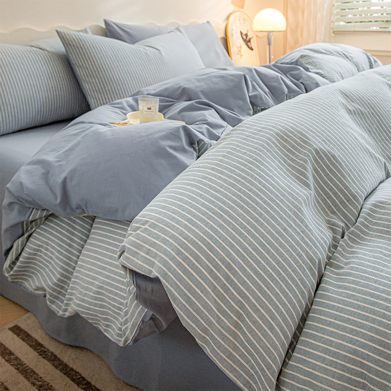 Algodón lavado de algodón Juego de cuatro piezas Algodón puro 2024 Nuevo otoño e invierno Sábana simple Funda de edredón Juego de cama de tres piezas 4